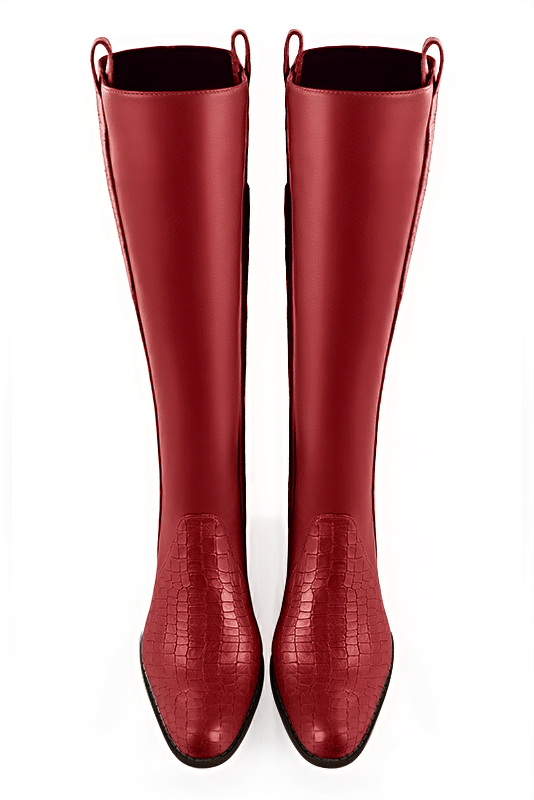 Scarlet red women's riding knee-high boots. Round toe. Low leather soles. Made to measure. Top view - Florence KOOIJMAN